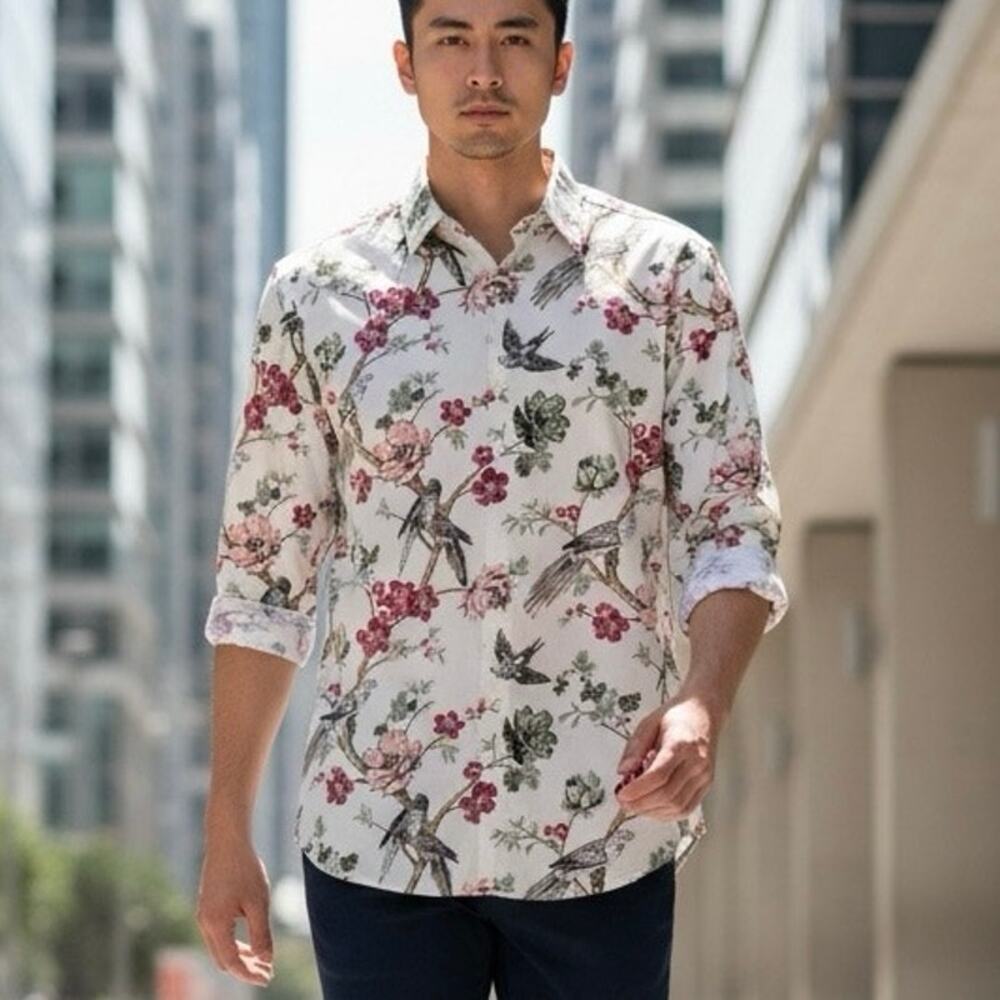 Express Men’s Long Sleeve Button Down Shirt Floral and bird theme Size L NWT